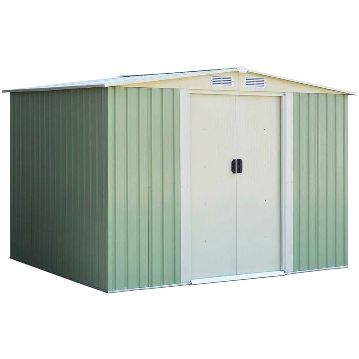 Metal Storage Shed with Sloping Roof Sliding Doors and Air Vents-Green