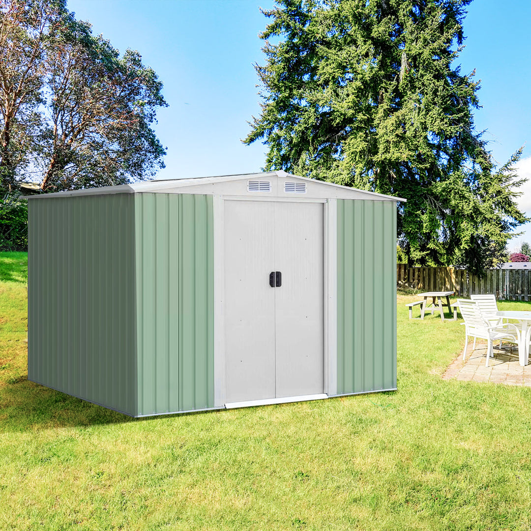 Metal Storage Shed with Sloping Roof Sliding Doors and Air Vents-Green