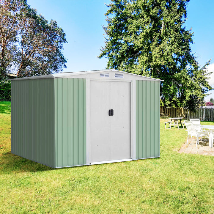 Metal Storage Shed with Sloping Roof Sliding Doors and Air Vents-Green