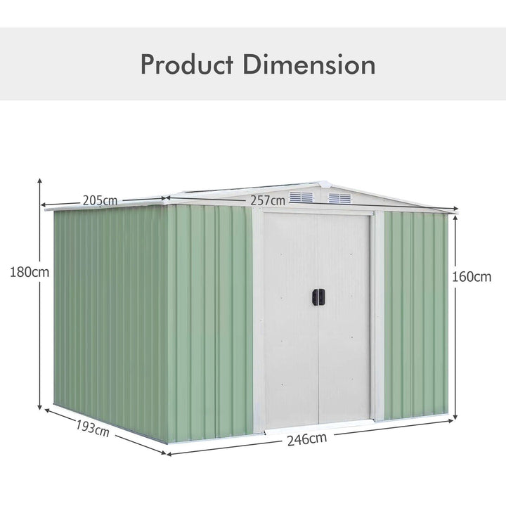 Metal Storage Shed with Sloping Roof Sliding Doors and Air Vents-Green