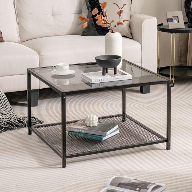 70 CM Modern Square Coffee Table with Metal Frame Transparent - TidySpaces