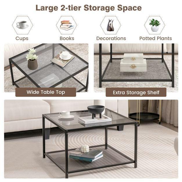 70 CM Modern Square Coffee Table with Metal Frame Transparent - TidySpaces