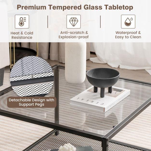 70 CM Modern Square Coffee Table with Metal Frame Transparent - TidySpaces