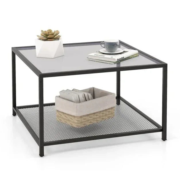 70 CM Modern Square Coffee Table with Metal Frame Transparent - TidySpaces