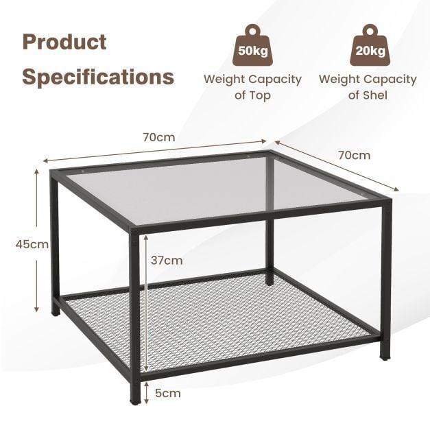 70 CM Modern Square Coffee Table with Metal Frame Transparent - TidySpaces