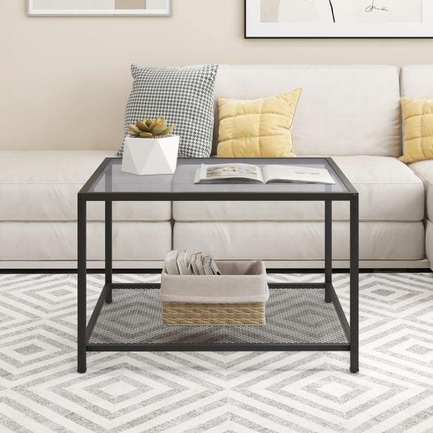 70 CM Modern Square Coffee Table with Metal Frame Transparent - TidySpaces