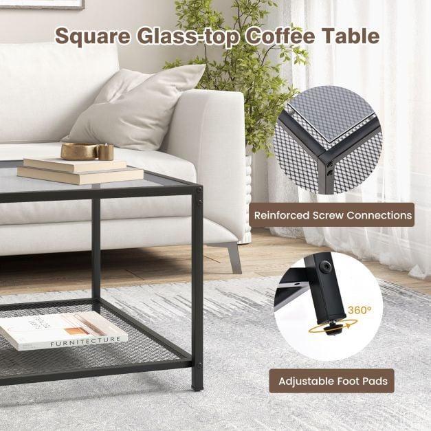 70 CM Modern Square Coffee Table with Metal Frame Transparent - TidySpaces