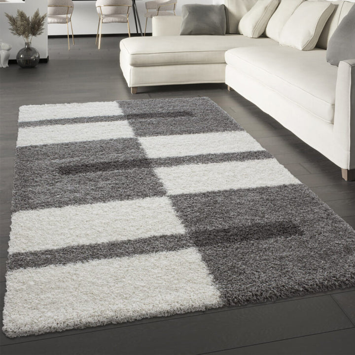 Grey White Cream Fluffy Shaggy Rug Geometric Grey White - TidySpaces