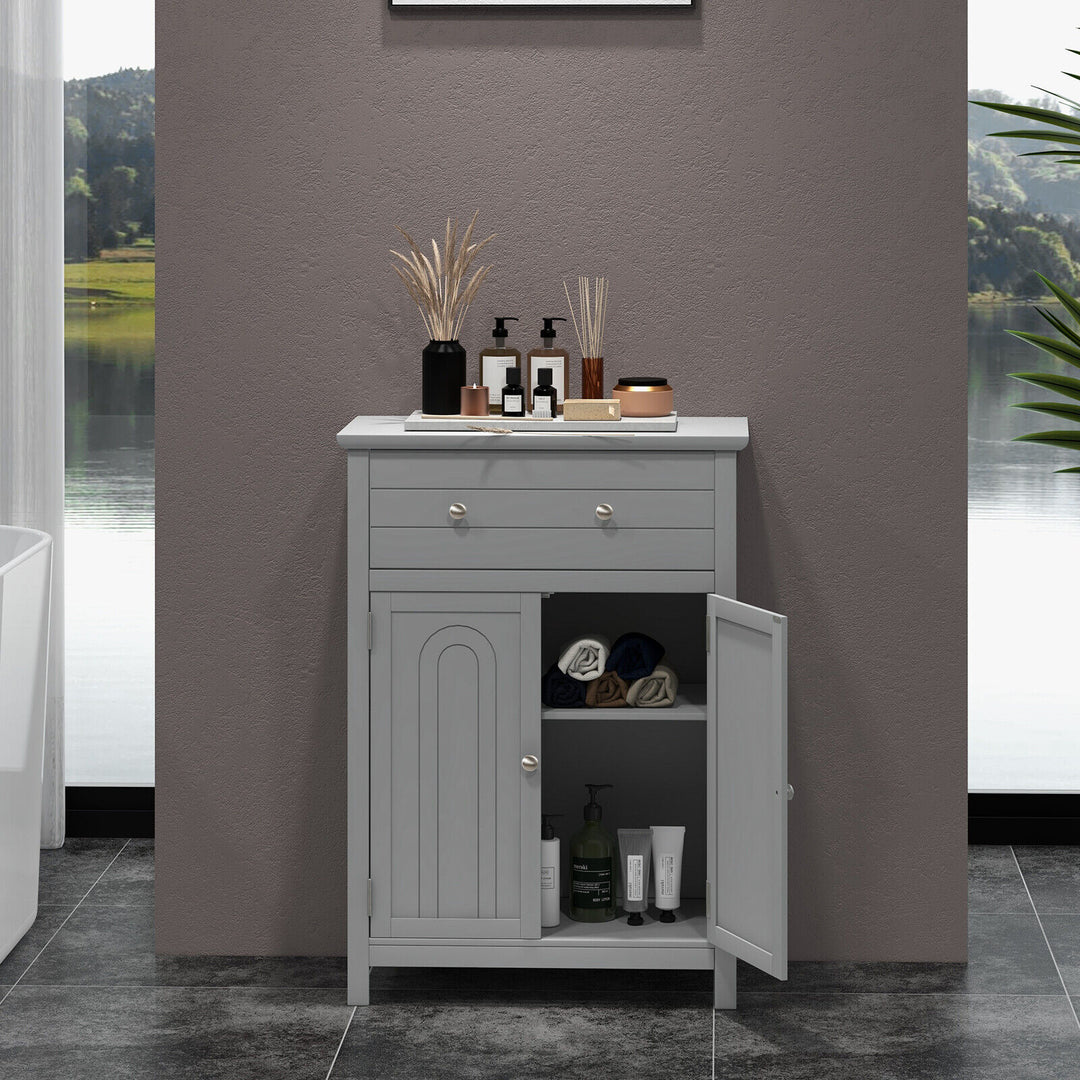 Freestanding Floor Storage Cabinet with Drawer and Adjustable Shelf-Grey