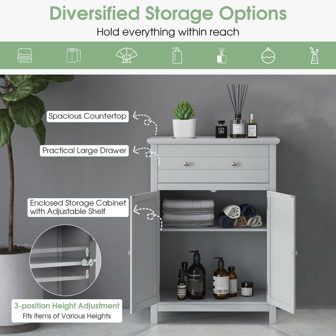 Freestanding Floor Storage Cabinet with Drawer and Adjustable Shelf-Grey