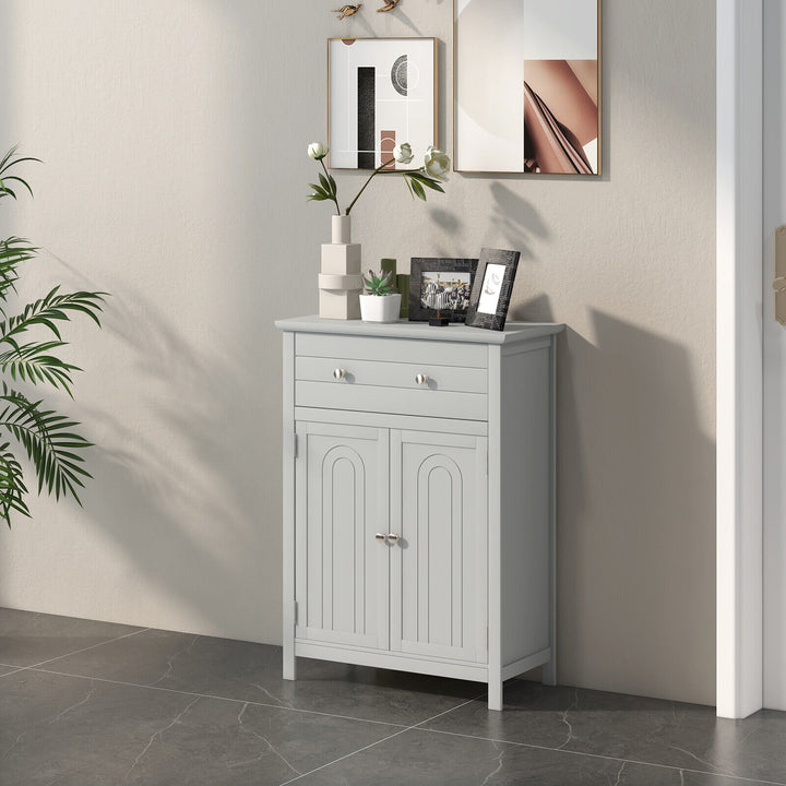 Freestanding Floor Storage Cabinet with Drawer and Adjustable Shelf-Grey