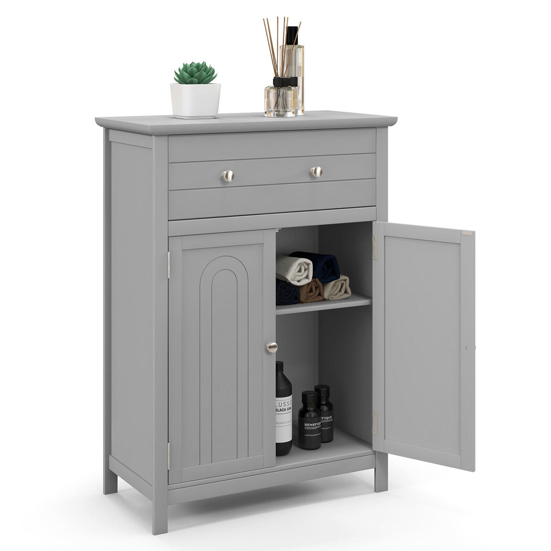 Freestanding Floor Storage Cabinet with Drawer and Adjustable Shelf-Grey