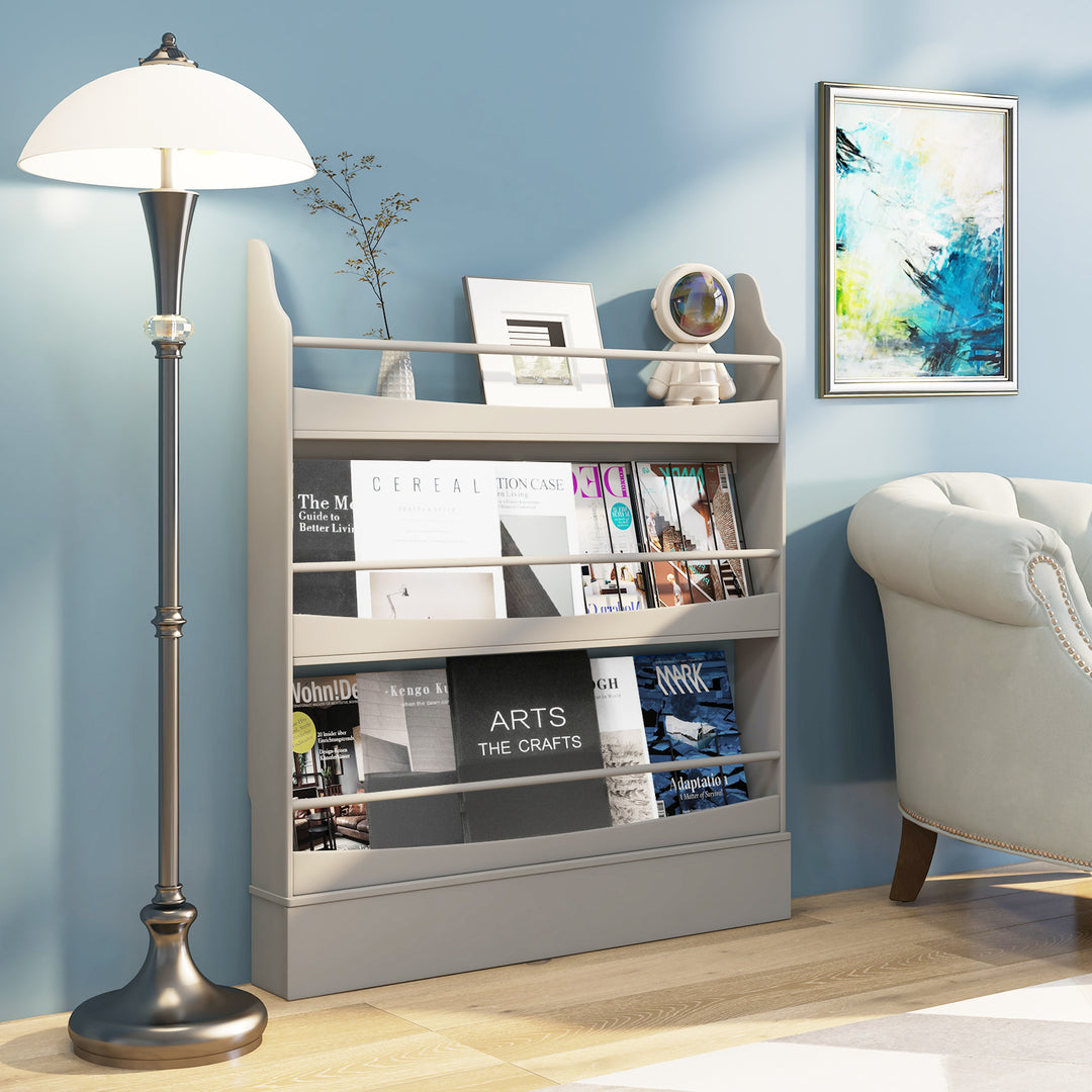3-Tier Standing Bookshelf with 2 Anti-Tipping Kits and Guardrails-Grey - TidySpaces