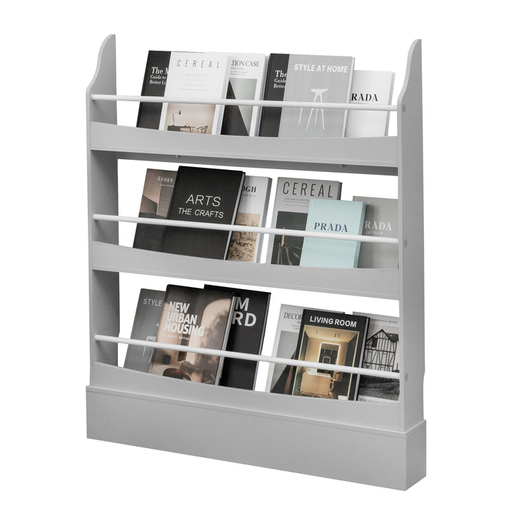 3-Tier Standing Bookshelf with 2 Anti-Tipping Kits and Guardrails-Grey - TidySpaces