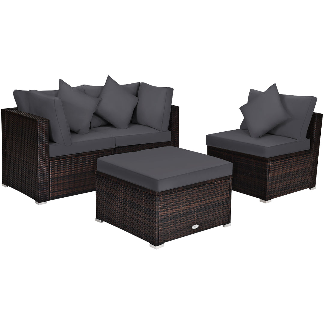 4 Pieces Outdoor Rattan Conversation Set with Removable Cushions and Pillows Grey - TidySpaces