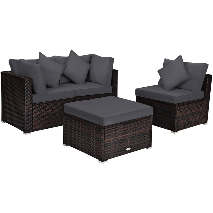 4 Pieces Outdoor Rattan Conversation Set with Removable Cushions and Pillows Grey - TidySpaces
