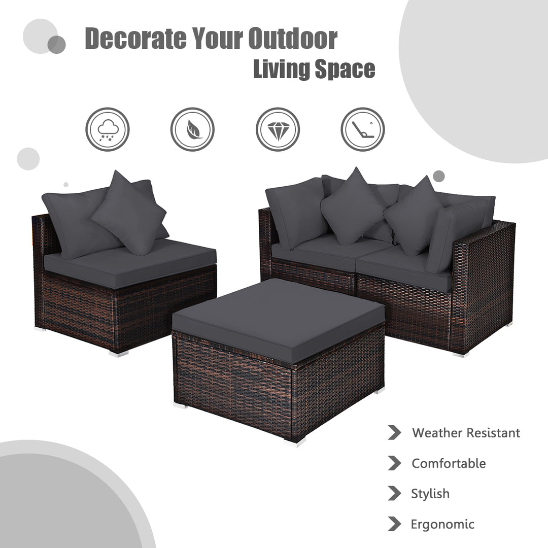 4 Pieces Outdoor Rattan Conversation Set with Removable Cushions and Pillows - TidySpaces