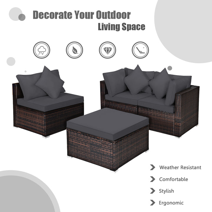 4 Pieces Outdoor Rattan Conversation Set with Removable Cushions and Pillows - TidySpaces