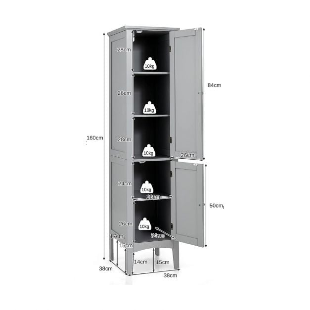2-Door 160cm High Freestanding Bathroom Cabinet with 5-Tier Shelves