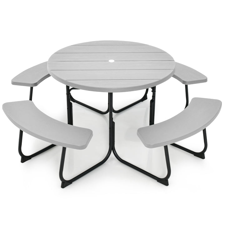 8 person Round Picnic Table Bench Set with 4 Benches and Umbrella Hole