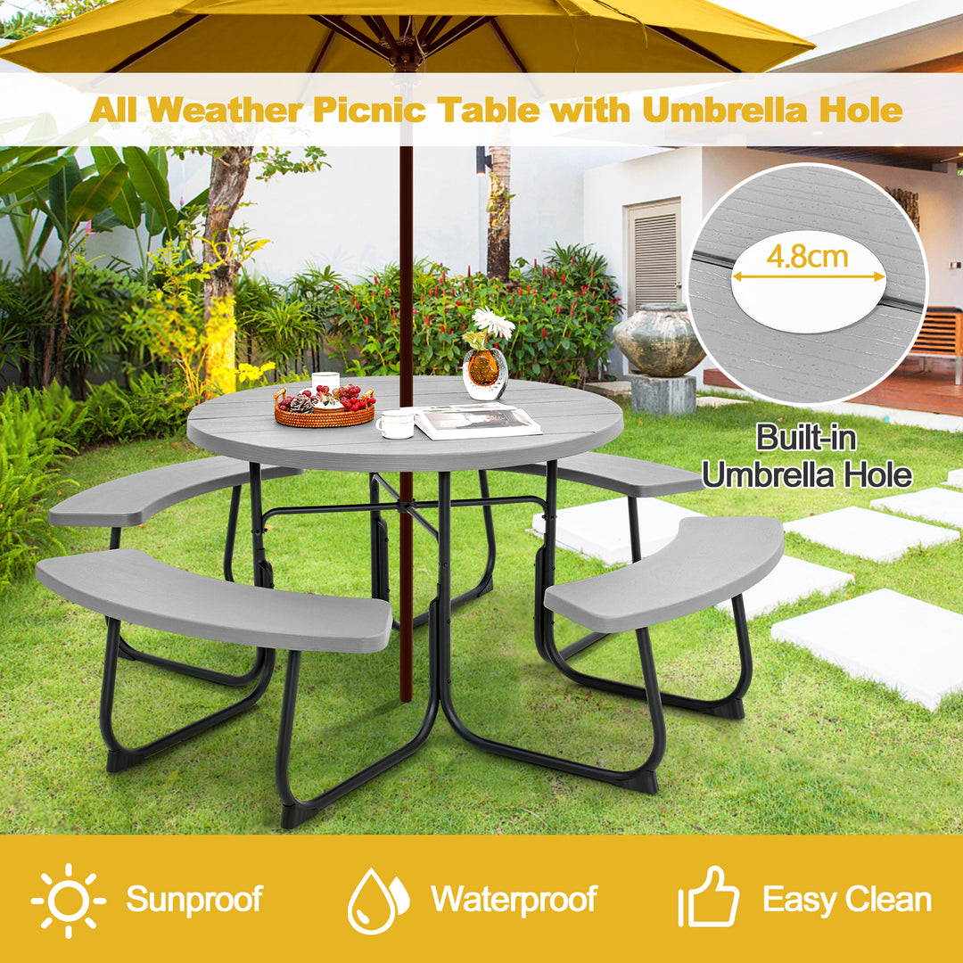 8 person Round Picnic Table Bench Set with 4 Benches and Umbrella Hole