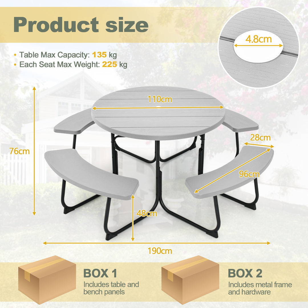 8 person Round Picnic Table Bench Set with 4 Benches and Umbrella Hole