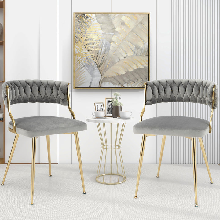 Set of 2 Velvet Dining Chair with Metal Legs and Woven Back