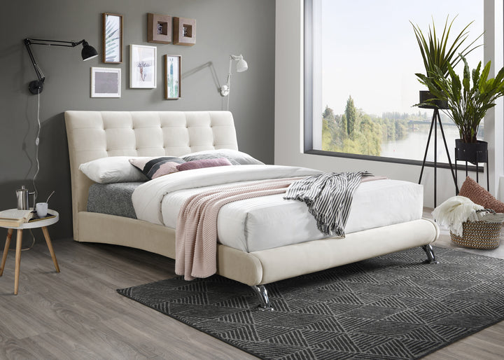 Modern Hemlock Bed with Curved Design and Chrome-Plated Feet