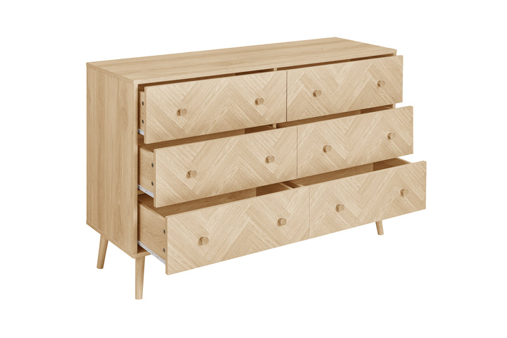 Herringford 6 Drawer Chest Oak Finish Stylish Bedroom Storage