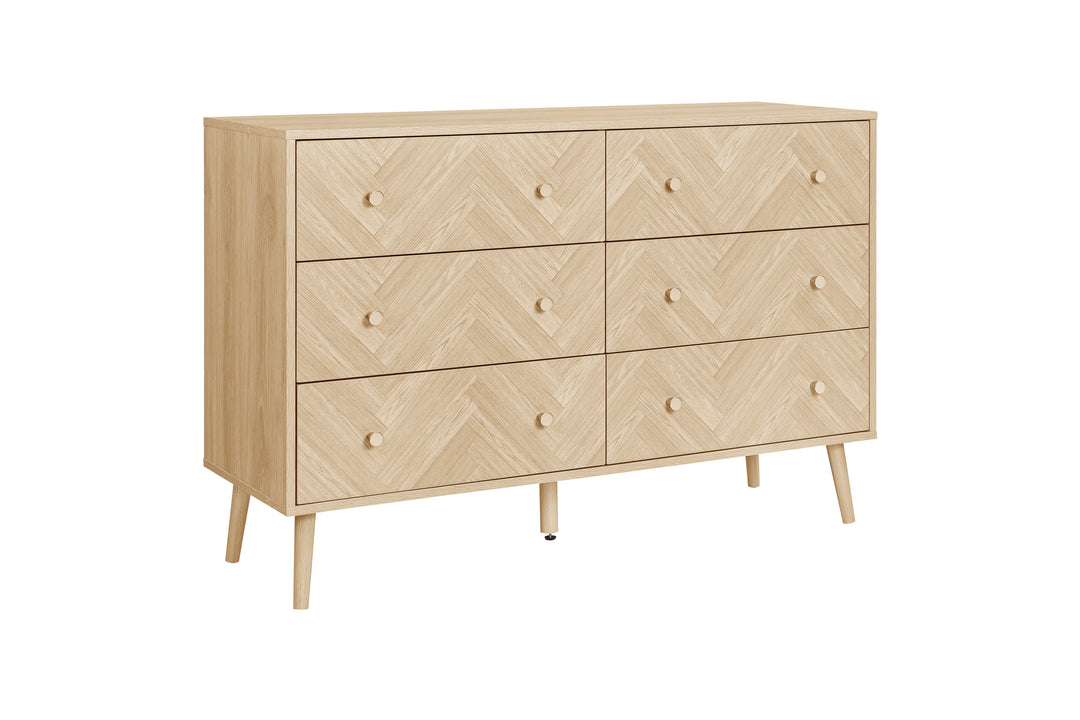 Herringford 6 Drawer Chest Oak Finish Stylish Bedroom Storage