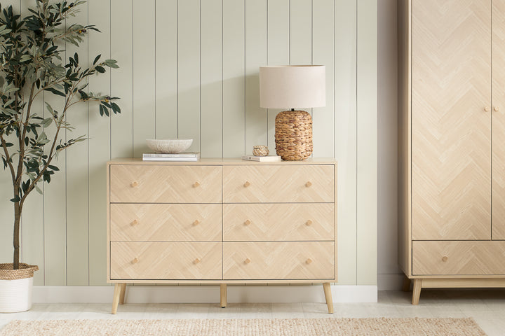 Herringford 6 Drawer Chest Oak Finish Stylish Bedroom Storage