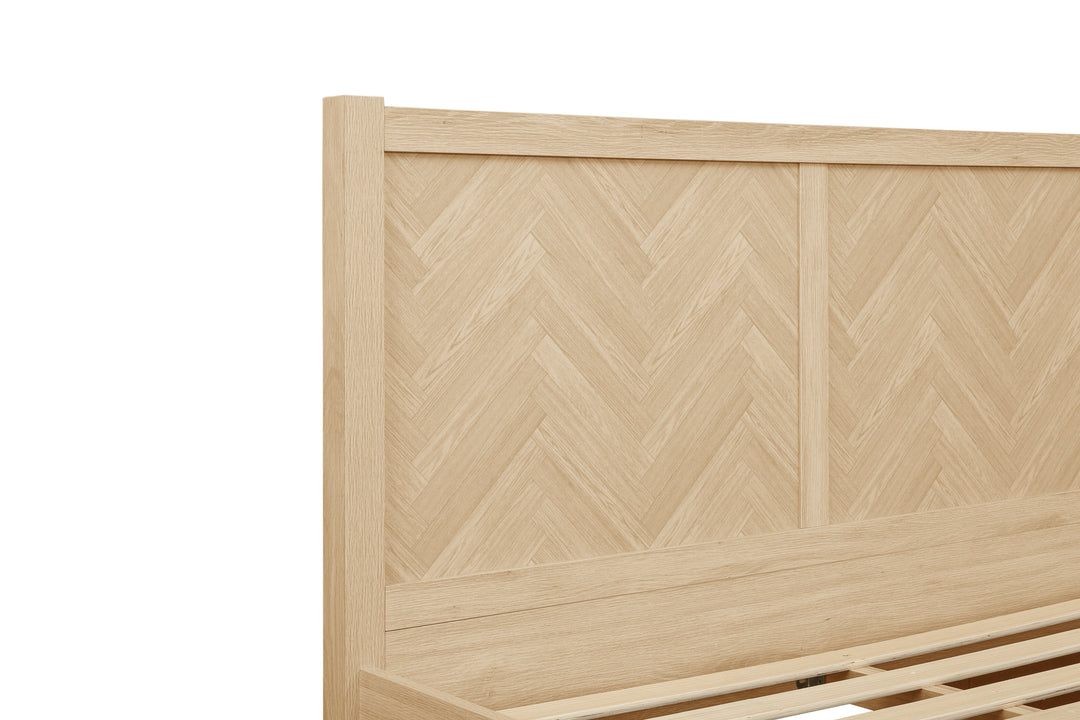 Herringford Bed with Chevron Pattern and Laminated Oak Finish for Stylish Bedrooms