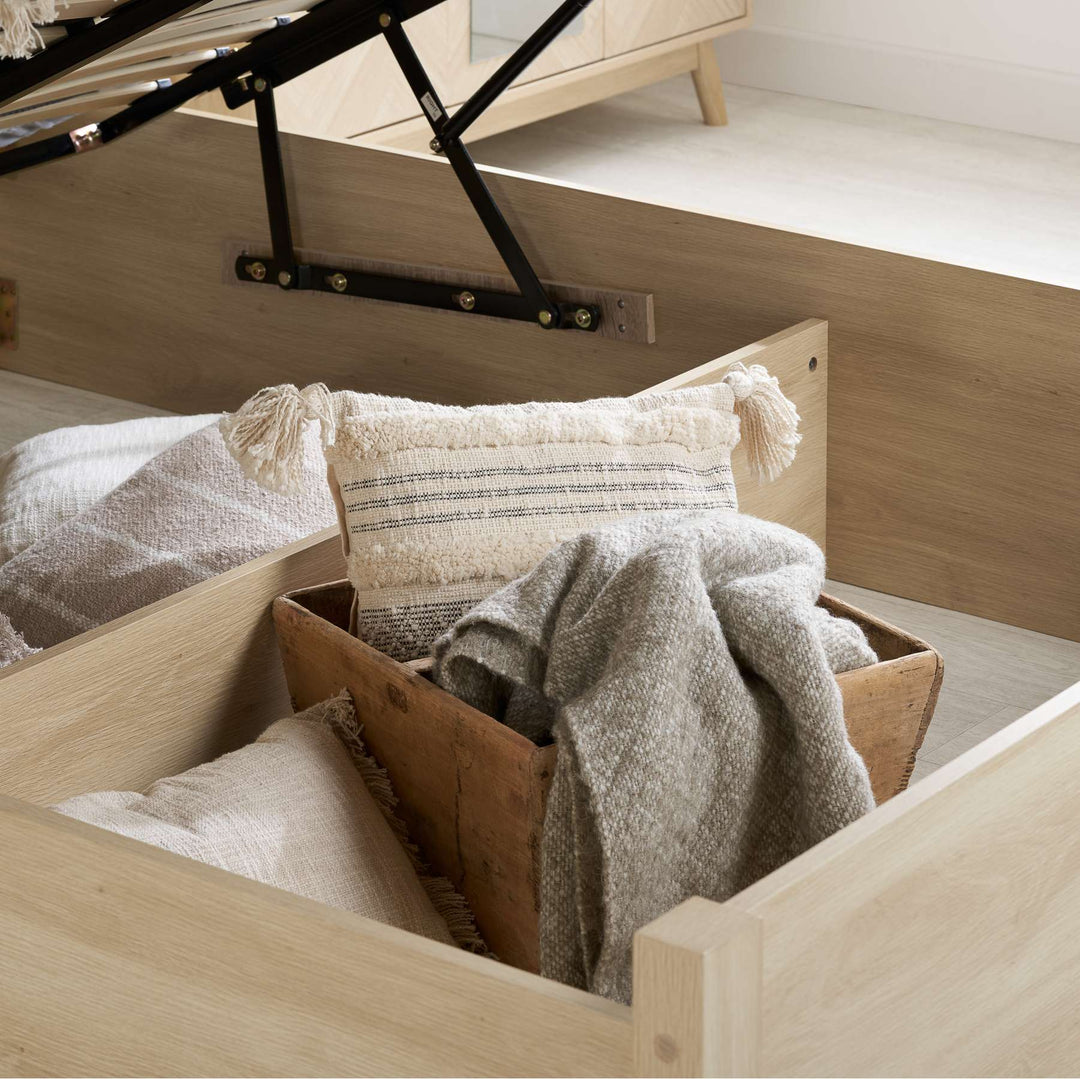 Herringford Ottoman Bed with Chevron Pattern in Laminated Oak Finish