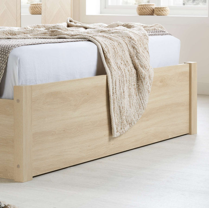 Herringford Ottoman Bed with Chevron Pattern in Laminated Oak Finish