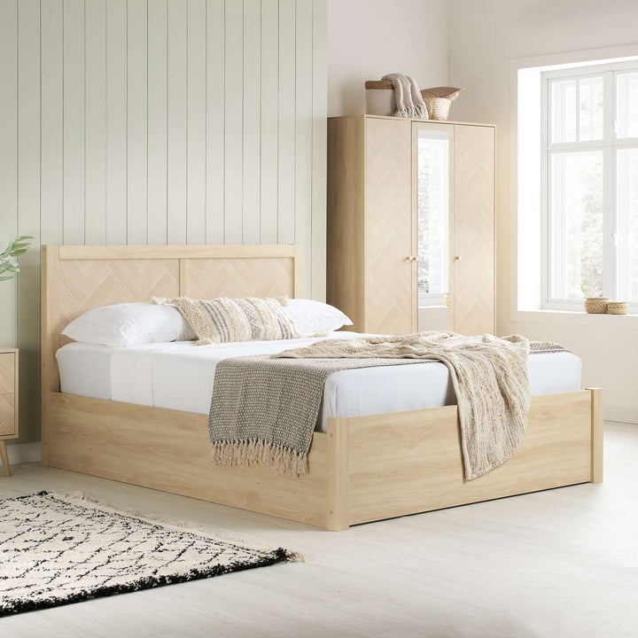Herringford Ottoman Bed with Chevron Pattern in Laminated Oak Finish