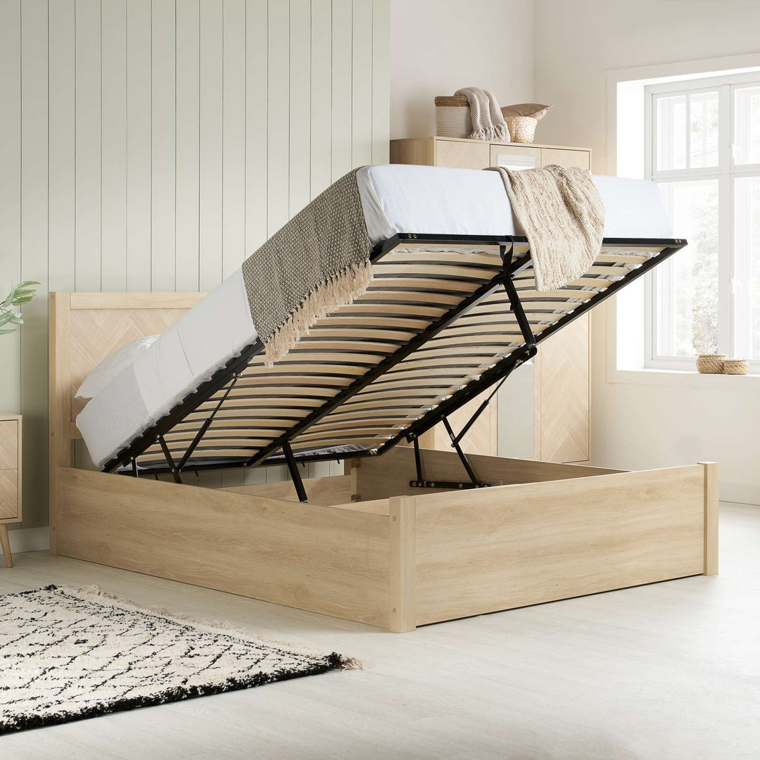 Herringford Ottoman Bed with Chevron Pattern in Laminated Oak Finish