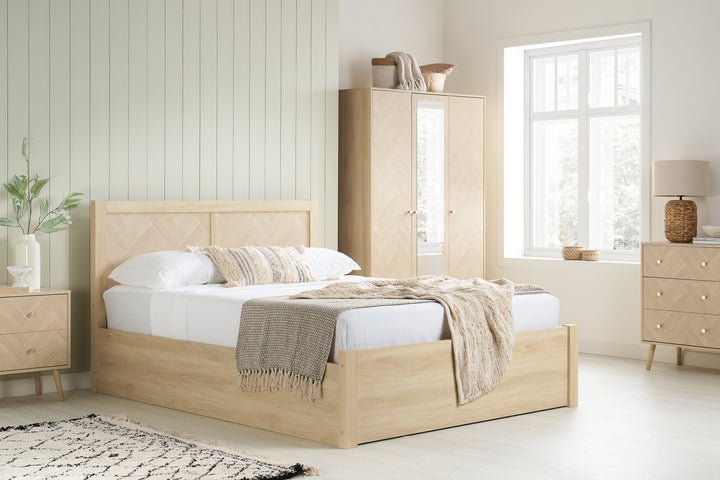 Herringford Ottoman Bed with Chevron Pattern in Laminated Oak Finish