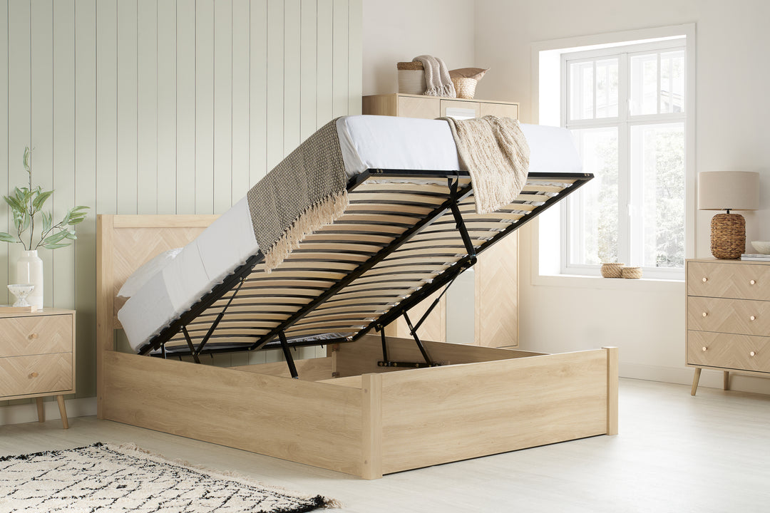 Herringford Ottoman Bed with Chevron Pattern in Laminated Oak Finish