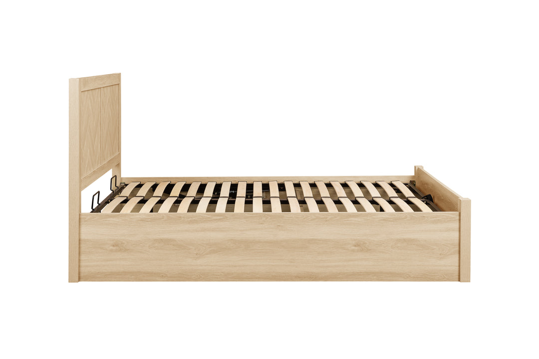 Herringford Ottoman Bed with Chevron Pattern in Laminated Oak Finish