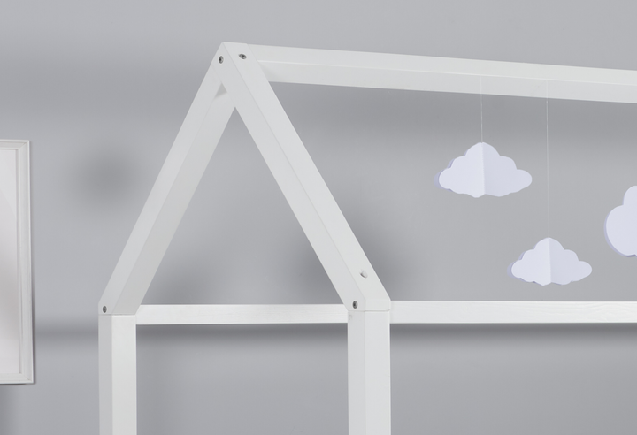 Wooden House Shaped Bed Frame with Solid Slatted Base for Kids
