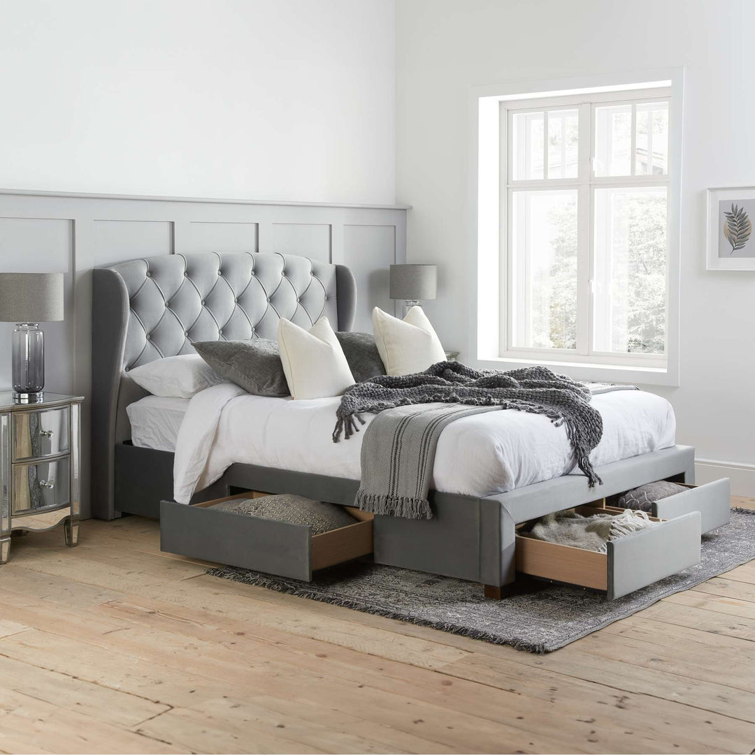 Elegant Wingback Bed Frame with Tufted Headboard and Storage Drawers