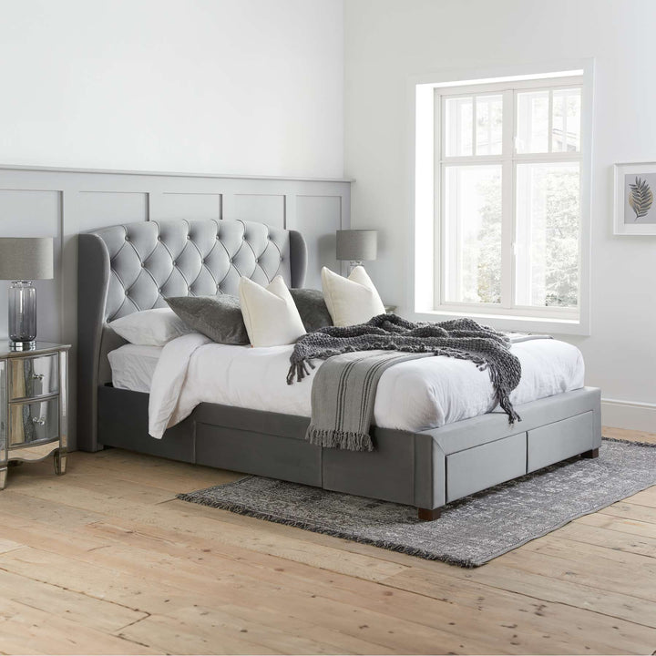 Elegant Wingback Bed Frame with Tufted Headboard and Storage Drawers