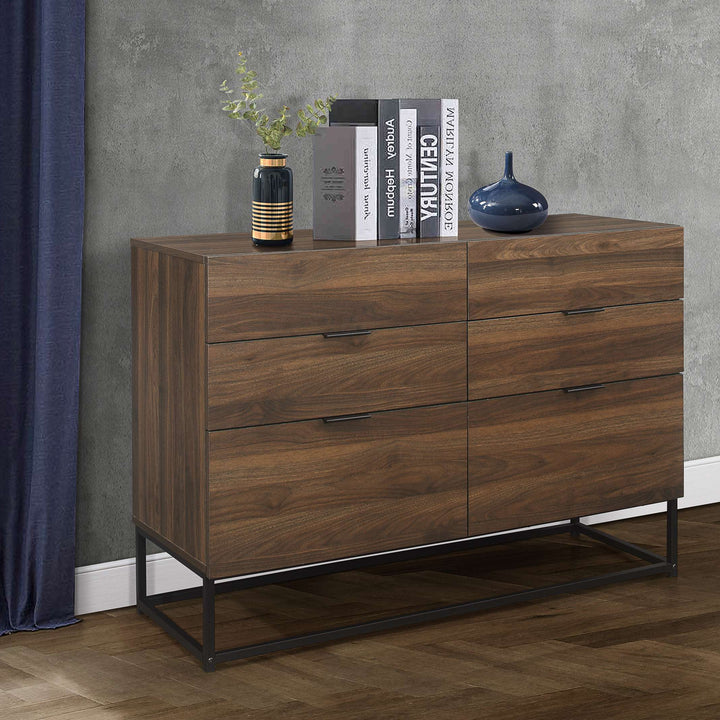 Houston 6 Drawer Chest Metal Walnut Wood Modern Storage Chest