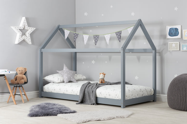 Wooden House Bed Frame with Solid Slatted Base for Kids Room