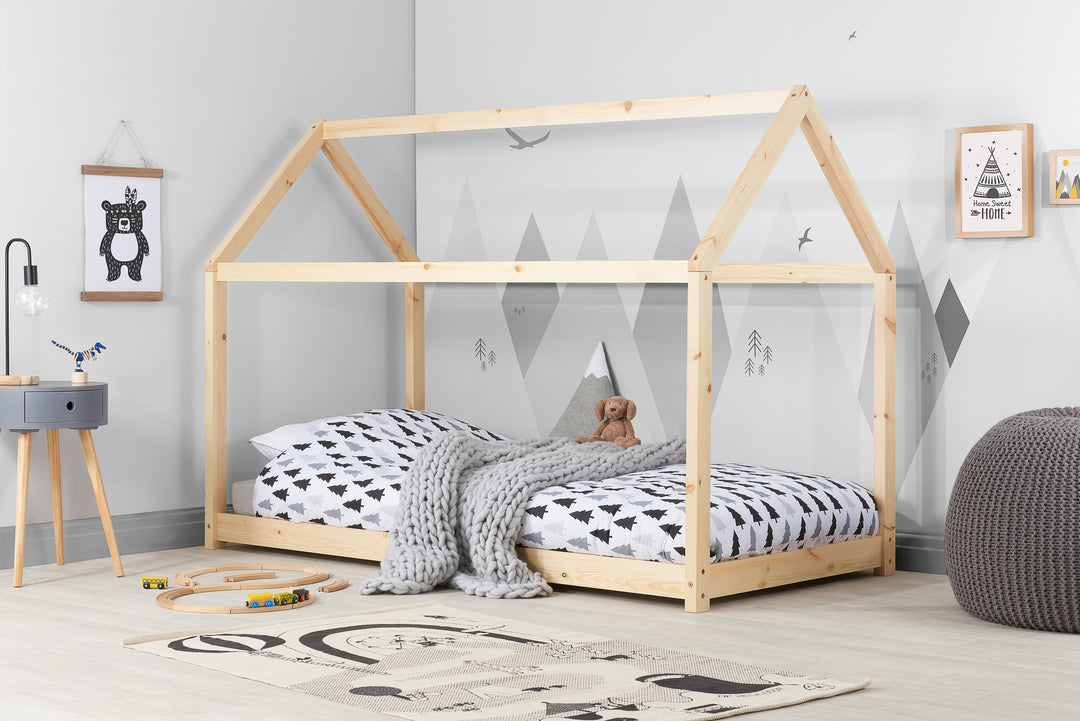 Wooden House Bed Frame with Solid Slatted Base for Kids Room