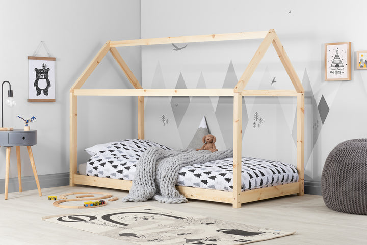 Wooden House Bed Frame with Solid Slatted Base for Kids Room