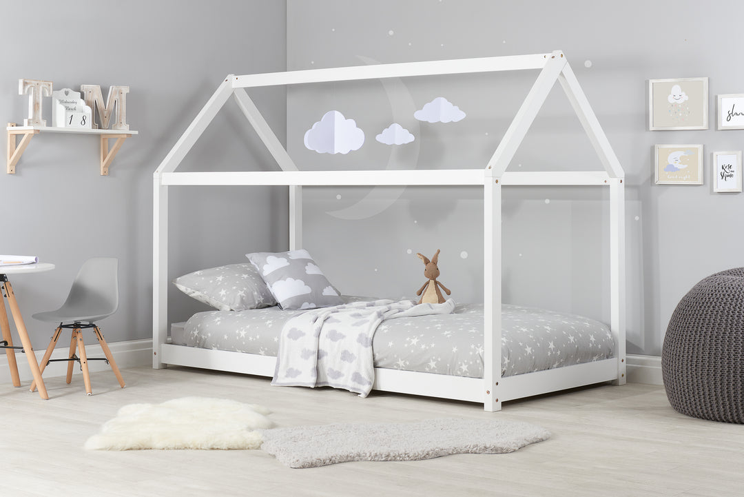 Wooden House Bed Frame with Solid Slatted Base for Kids Room