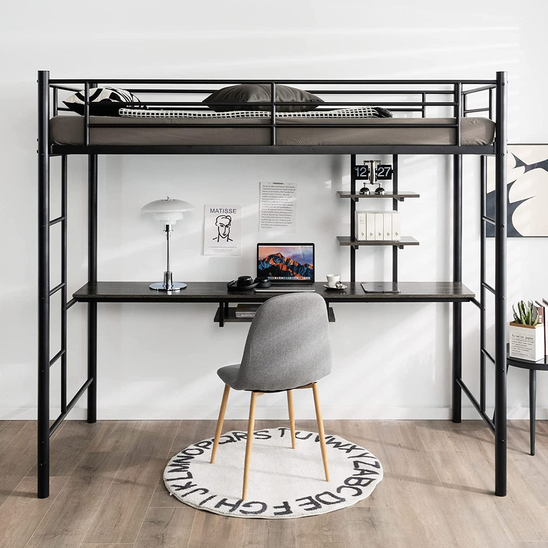Metal Bunk Bed Frame High Sleeper with Desk and Storage Shelves - TidySpaces