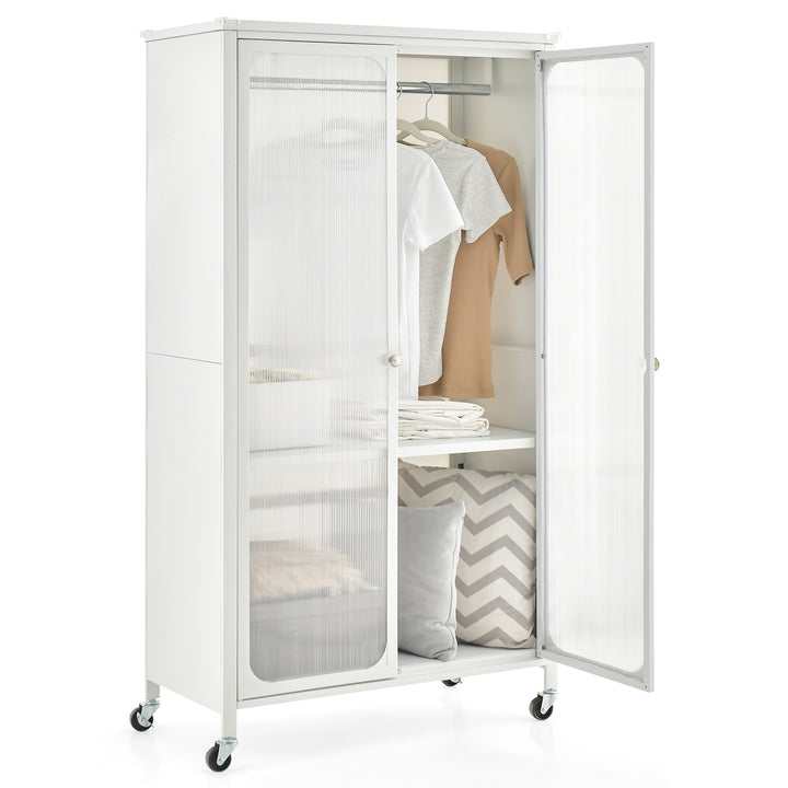 Mobile Metal Wardrobe Armoire Closet with Hanging Rod and Adjustable Shelf