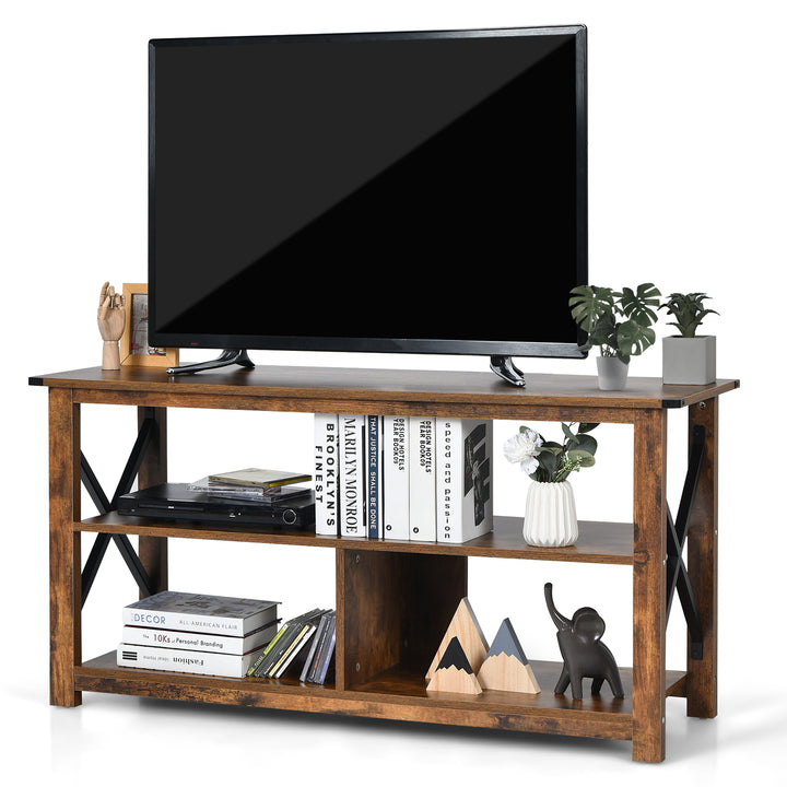 3 Tier Rustic TV Stand with Open Shelves and Cable Management - TidySpaces